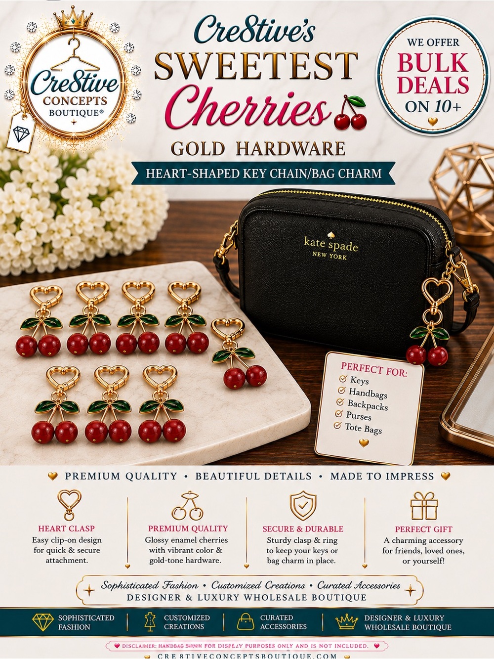 Cre8tive’s (10) Sweetest Cherries 🍒 Heart-Shaped Key Chain/Bag Charm Bulk Deal